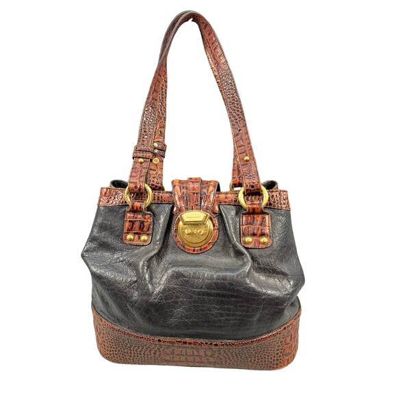 Brahmin Leather Croc Satchel Purse Black Brown - Picture 1 of 11